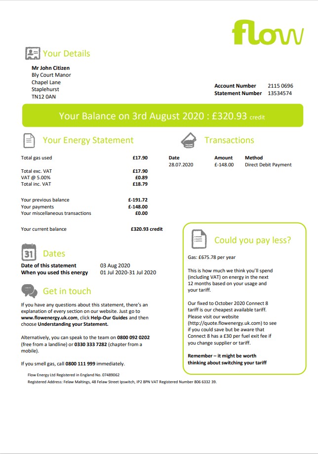 United Kingdom Flow Energy utility bill template in Word and PDF format